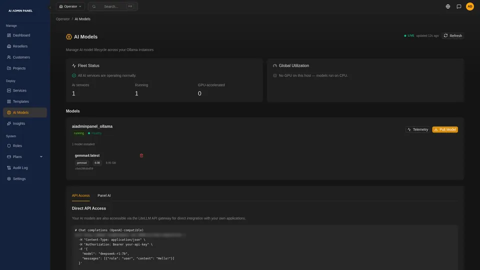 The AI models page, listing local models with their status.