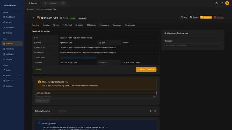 An OpenClaw agent's service page, with its address blurred, a form for an AI provider key and a box of security defaults.